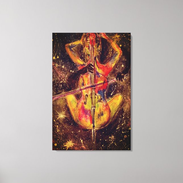 Lienzo Acuarela - Sonata de Cello Espacial - Dama con Cel (Anverso)