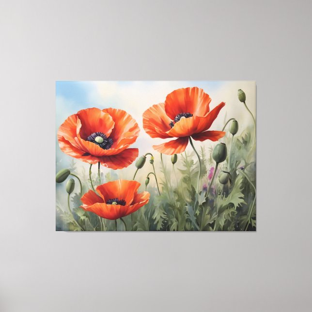 Lienzo Acuarela Vintage Poppies Art Elegante Floral (Anverso)
