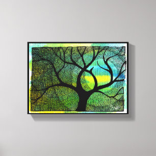 Lienzo Acuarelas azules y amarillas del árbol y de la