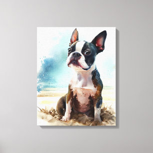 Lienzo Adorable Boston Terrier en la playa
