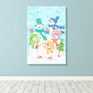 Lienzo Adorable familia de muñecos de nieve de Navidad en