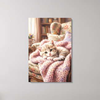 Lienzo Adorable Sleeping Kitten on Teddy Bear Oil Paintin