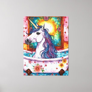 Lienzo Adorable Unicornio Crin Azul y Morado en el Baño