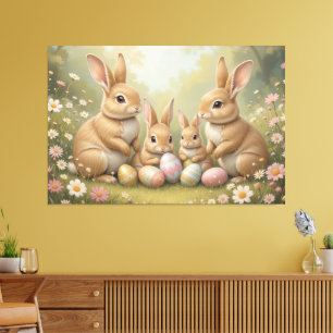Lienzo Adorables conejos de Pascua en prado Primavera Ani