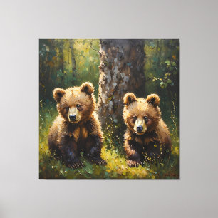 Lienzo Adorables oseznos gemelos en un despeje forestal i