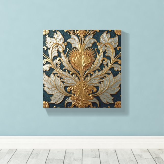Lienzo Adorno Floral de Oro y Plata (Insitu (piso de madera))