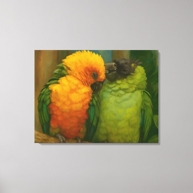 Lienzo Afecto tropical - loros en luz forestal (Anverso)