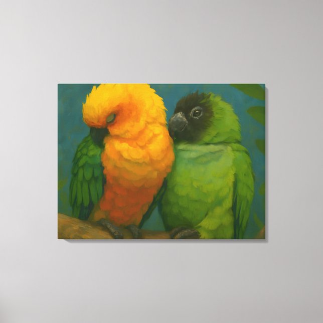 Lienzo Afecto tropical - loros en luz forestal (Anverso)