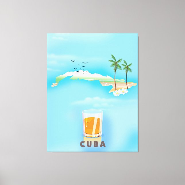 Lienzo Afiche de viaje con mapa ilustrado de Cuba (Anverso)