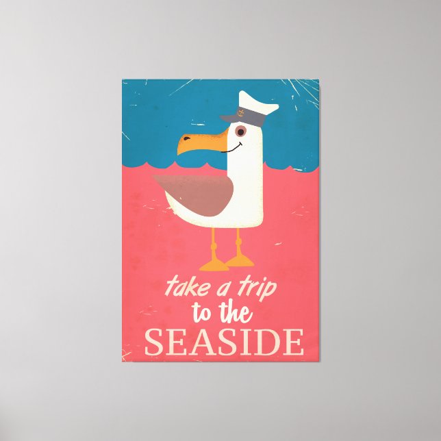 Lienzo Afiche de viaje de gaviotas marinas. (Anverso)