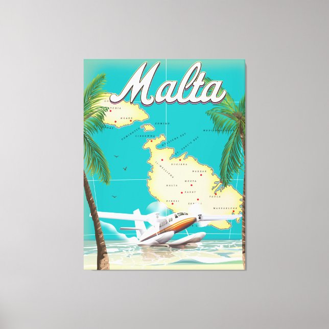 Lienzo Afiche de viaje de la playa y el mapa de Malta (Anverso)