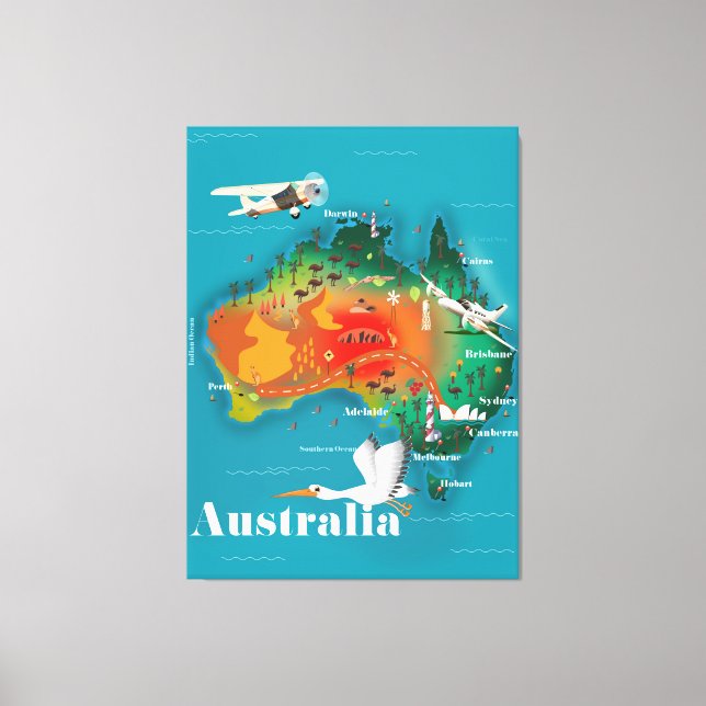 Lienzo Afiche de viaje de mapas de Australia (Anverso)