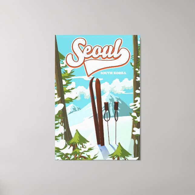 Lienzo Afiche de viaje para esquiar en Seúl, Corea del Su (Anverso)