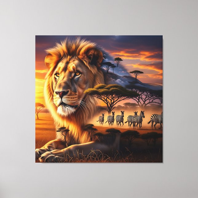 Lienzo African Lion & Zebra Sunset Canvas Art (Anverso)