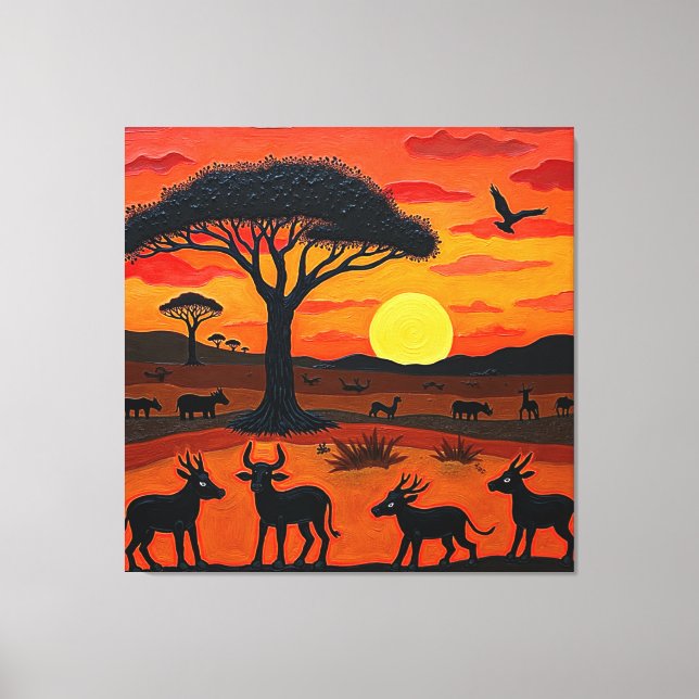 Lienzo African Sunset Safari Art – Vibrant Wildlife Silho (Anverso)