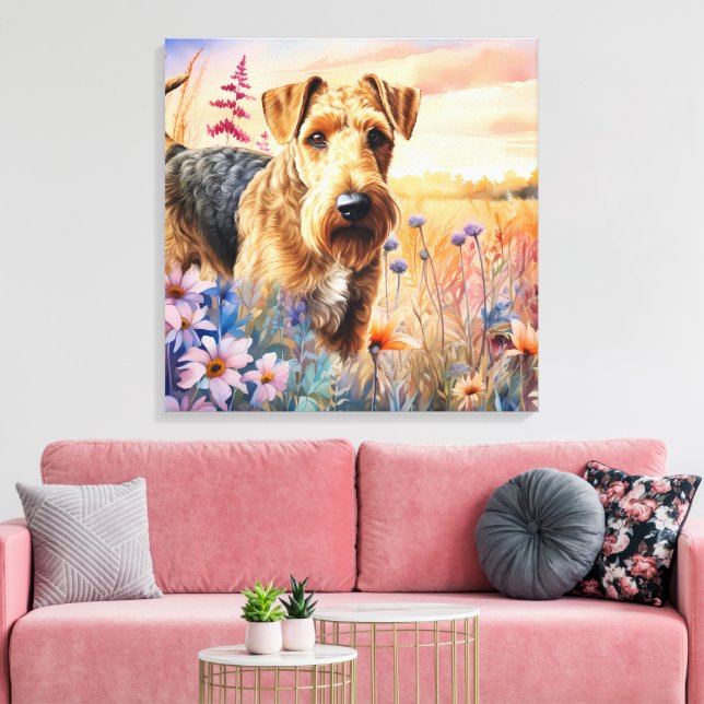Lienzo Airedale Terrier Dog in a Wildflower Meadow (Insitu (Sala de estar))