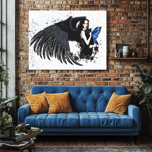 Lienzo Alas de Ángel Gótico Gato Negro Hada Azul