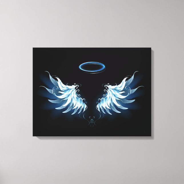 Lienzo Alas del Ángel Azul brillante sobre fondo negro (Anverso)