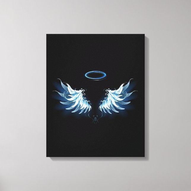 Lienzo Alas del Ángel Azul brillante sobre fondo negro (Anverso)
