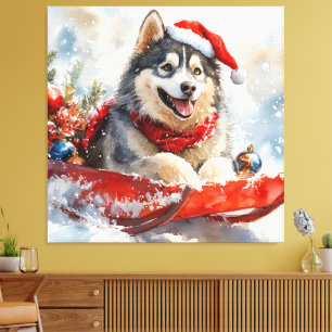 Lienzo Alaskan Malamute en Trineo Deja que nieve Navidad