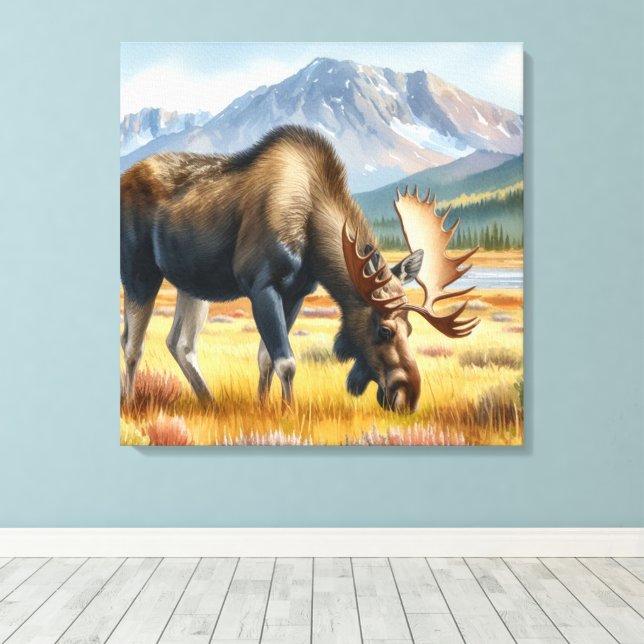 Lienzo Albornoz de alce en acuarela de Alaska (Insitu (piso de madera))