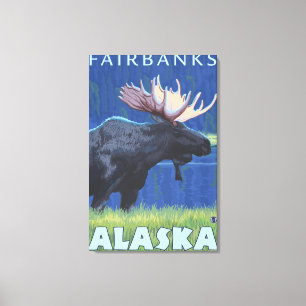 Lienzo Alces en la noche - Fairbanks, Alaska