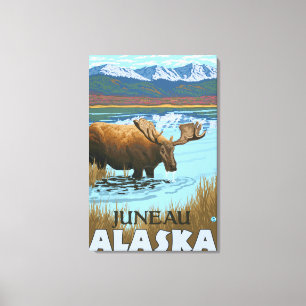 Lienzo Alces que beben en el lago - Juneau, Alaska