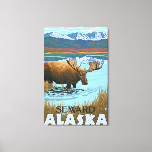 Lienzo Alces que beben en el lago - Seward, Alaska