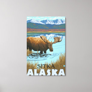 Lienzo Alces que beben en el lago - Sitka, Alaska