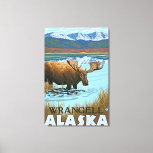 Lienzo Alces que beben en el lago - Wrangell, Alaska