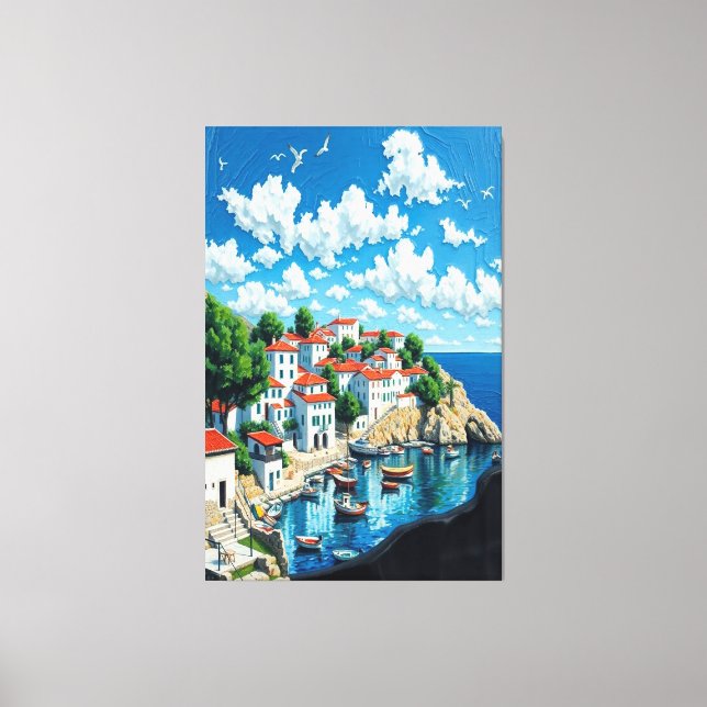 Lienzo Aldea costera serena en petróleo (Anverso)