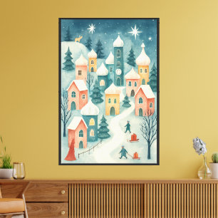 Lienzo Aldea Invernal – Escena de Nieve Pastel con Pared