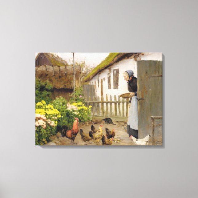 Lienzo Alimentación de las gallinas (por H.A. Brendekilde (Anverso)