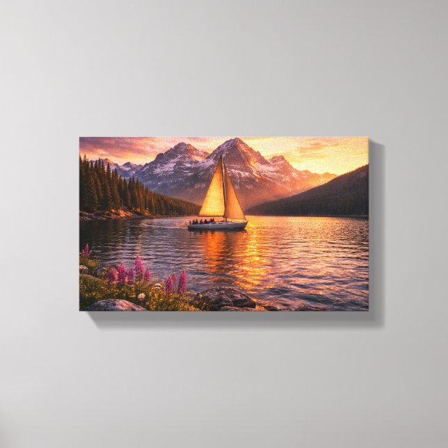 Lienzo Alpine Lake Sunset Sailboat Canvas Wall Art Mounta (Anverso)