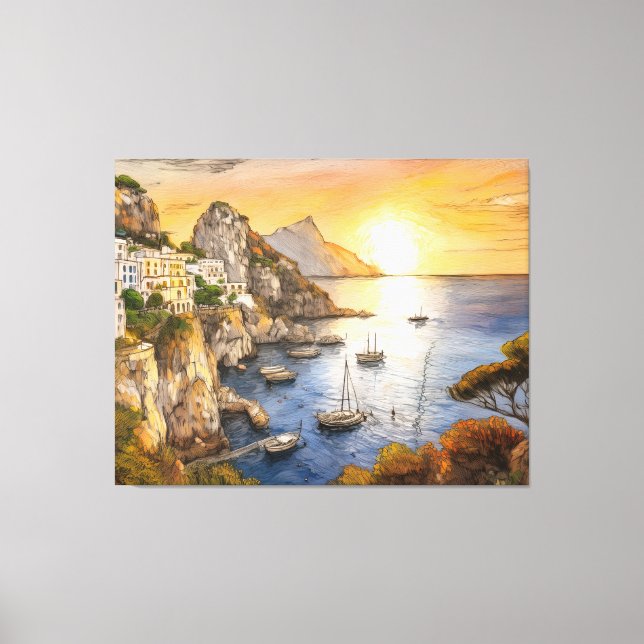 Lienzo Amalfi coast sunset illustrating coastal village a (Anverso)