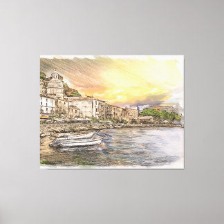 Lienzo Amalfi coast village sketch with boats at sunset