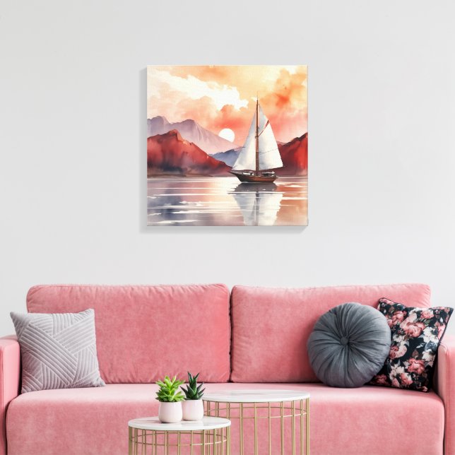 Lienzo Amanecer acuarela con yate (Insitu (Sala de estar))