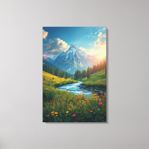 Lienzo Amanecer del río alpino: paisaje montañoso sereno