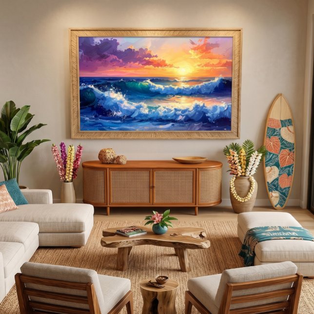 Lienzo Amanecer en el mar sobre olas pintando (sunrise - sunset over the sea)
