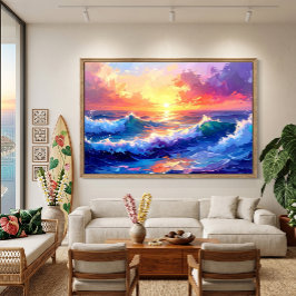 Lienzo Amanecer en el mar sobre olas pintura