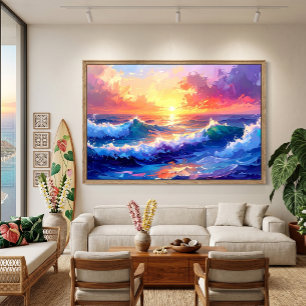 Lienzo Amanecer en el mar sobre olas pintura