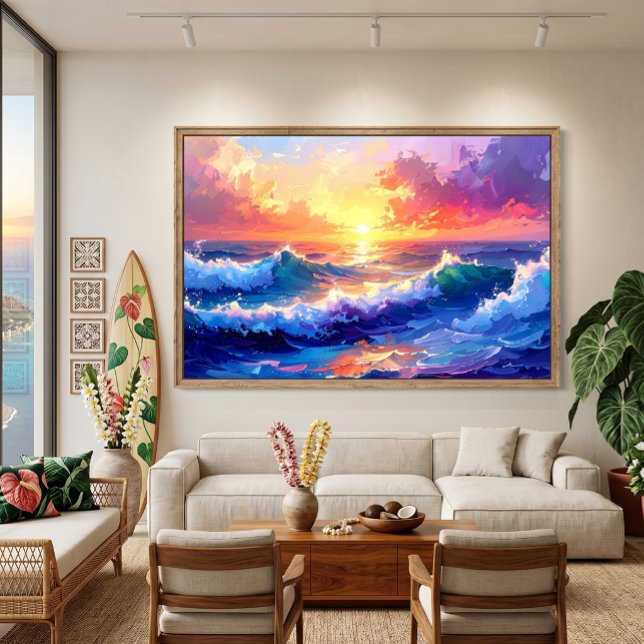 Lienzo Amanecer en el mar sobre olas pintura (seascape
)