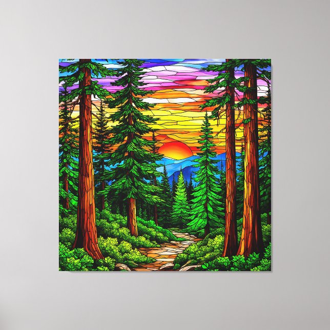 Lienzo Amanecer sobre un paisaje forestal tranquilo (Anverso)