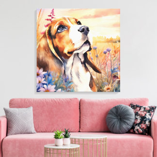 Lienzo Amante de Perro Beagle con Prado de Flores Silvest