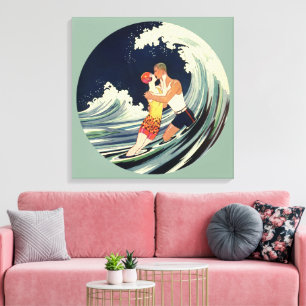 Lienzo Amantes del Art Deco Vintage se besan en las olas