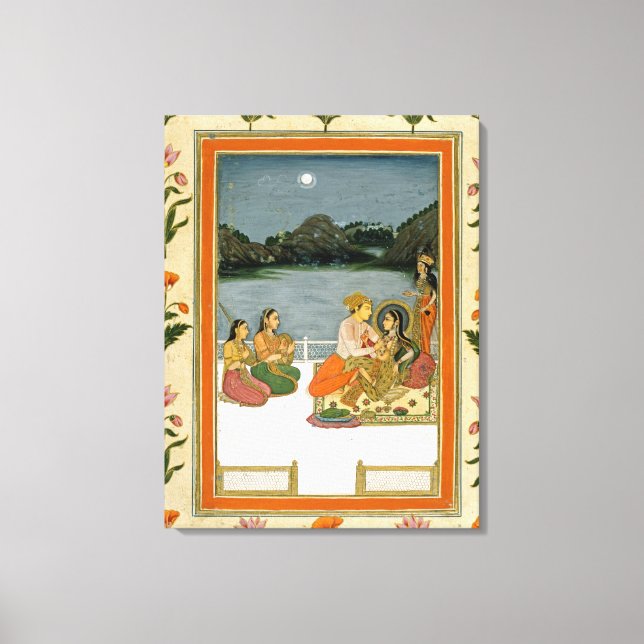 Lienzo Amantes en una terraza junto a un lago iluminado p (Anverso)