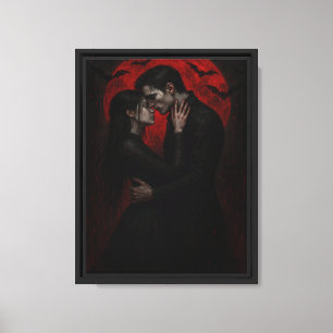 Lienzo Amantes vampiros se besan bajo la luna de sangre