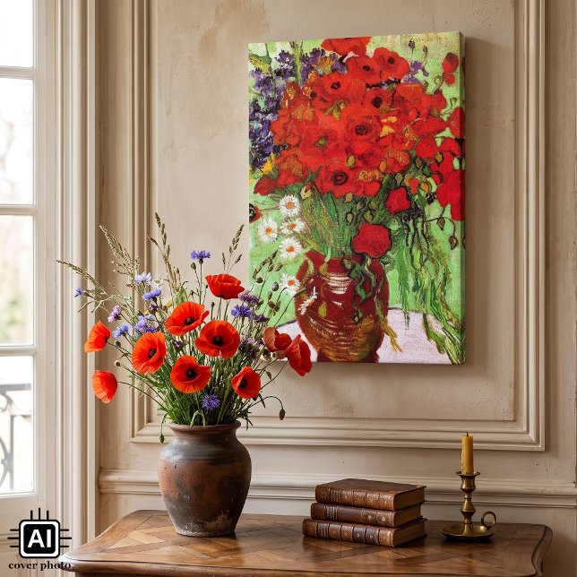 Lienzo Amapolas rojas y margaritas por Vincent van Gogh (Still Life: Red Poppies and Daisies by Vincent van Gogh is a vintage post impressionism painting.)