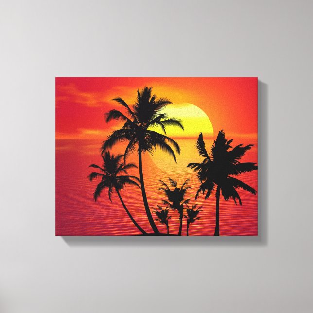 Lienzo Amazing sunset with palms on tropical beach (Anverso)