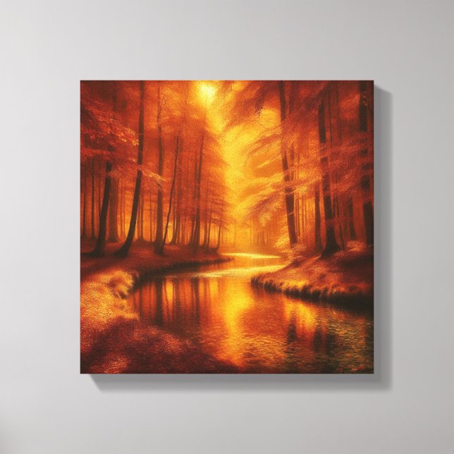 Lienzo Amber Light Over Serene Autumn Forest River (Anverso)